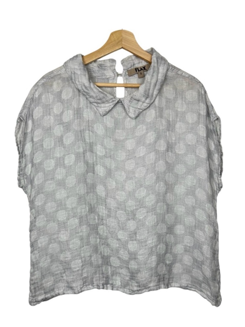 FLAX 100% Linen Polka Dot Cap Sleeve Blouse, Grey/White, Size Small